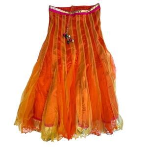 Indian Floral Tulle Maxi Skirt Orange & Yellow Net Lehenga Sz Large